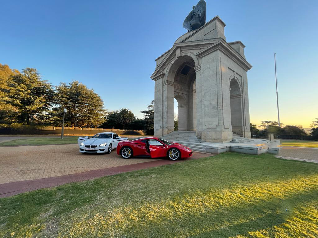 Two Car Mania cars at the Johannesburg war memorial near Saxonwold